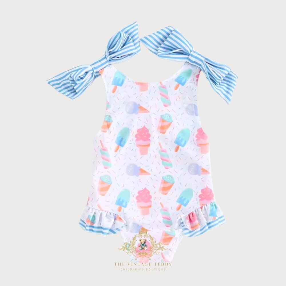 NWT Pretty Girls One-Piece Swimsuit Swimwear for Kids Ice Cream Sprinkles 4-5T